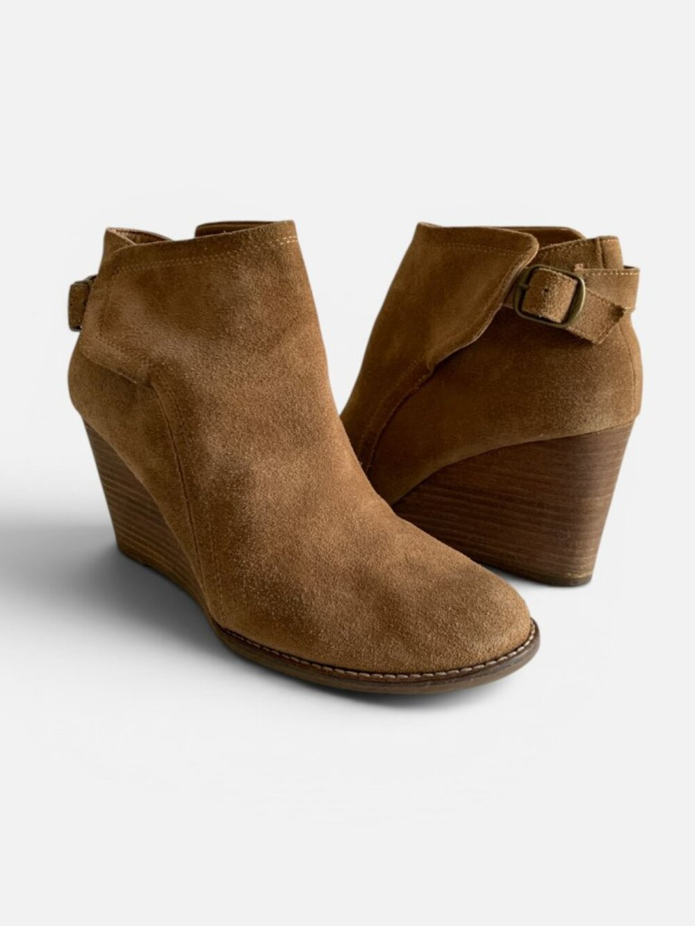 Lucky Brand Yasine Tan Suede Leather Wedge Ankle Booties Buckle Boots Size 10